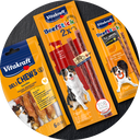 Vitakraft Hundesnacks: Bull Chews & Beef Stick 2x – leckere Kausnacks für Hunde auf dunklem Hintergrund.